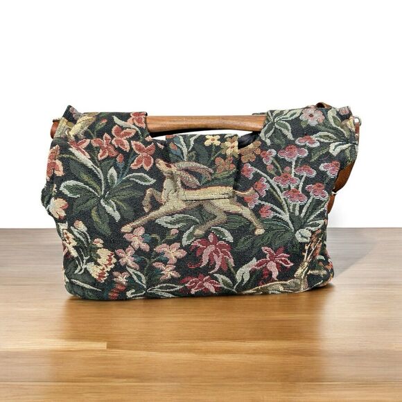 The Carpetbagger Handbags - Vtg The Carpetbagger Travel Knitting Bag Leather Strap Wood Handle Bottom USA